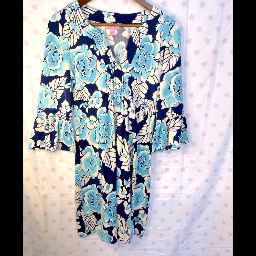 Lilly Pulitzer silk blend dress in blue white flowers and bees print
